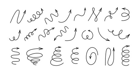 Spiral hand drawn arrows set. Curly line doodle black arrows. Funny design infographic elements. Spiral spring and zig zag pointer. Vector illustrations isolated on white background.