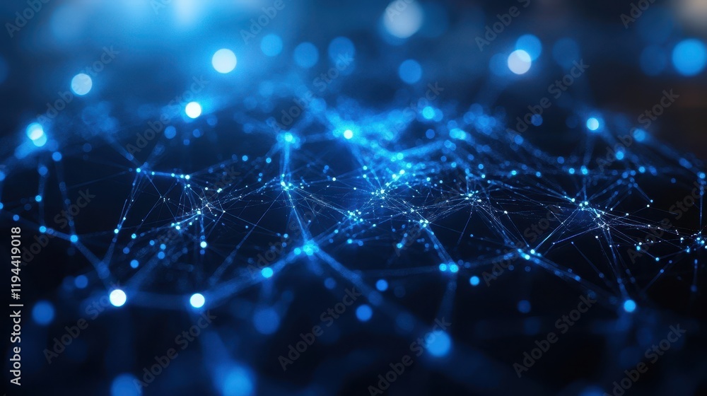Poster futuristic network of glowing blue dots and lines in a digital abstract space