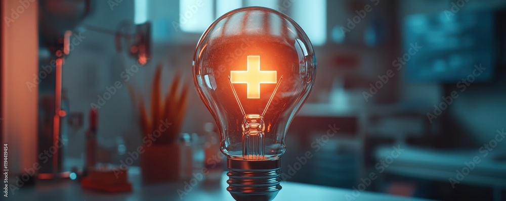 Poster glowing lightbulb with red cross symbol inside on a desk