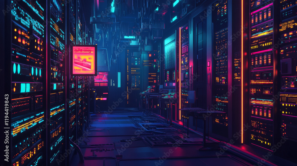 Poster data servers room, database storage and network communication. concept of digital technologies, bloc