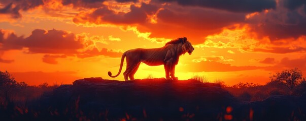 Majestic lion silhouette against vibrant sunset in african savanna