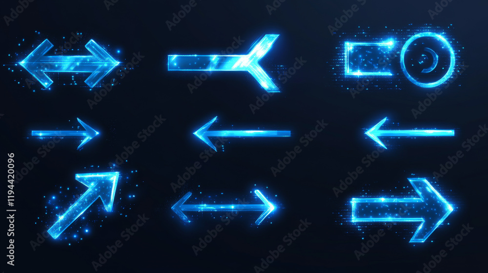 Poster realistic 3d set of blue arrow cursors isolated on transparent background. vector illustration of gl
