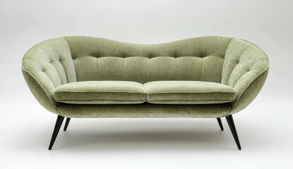 Elegant olive green velvet sofa with button tufting and curved silhouette on black legs.