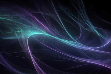 Fototapeta premium An abstract pattern featuring curved and winding lines in shades of purple, blue and green on a dark background. 