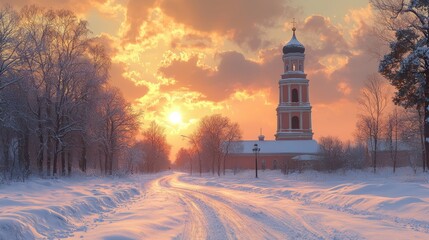 Winter sunset church road snow landscape; peaceful scene