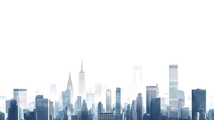 Naklejka premium Urban Skyline Dreamscape: A captivating, ethereal cityscape silhouette emerges from a hazy backdrop, showcasing the dynamic energy and aspiration of modern urban life. 