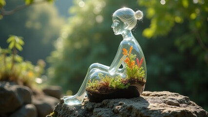 A glass statuette of a girl sitting on a stone, with plants growing inside it