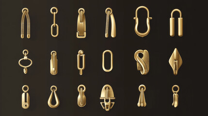 Brass metal Zipper puller flat sketch vector illustration set, different types of 3D brass Zip pull for fasteners, dresses garments, bags, Fashion illustration, Clothing and Accessories