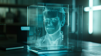 "Digital Face Modeling Innovation: 3D Holographic Human Face in Clear Glass Box, Displaying Luminescent Blue Digital Mesh Structure, Reflecting Advanced Facial Scanning Technology"