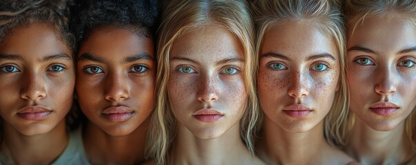 Obraz premium Diverse young females with freckles displaying unique beauty and different skin tones