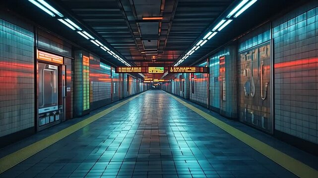 Neon Subway Corridor: A mesmerizing and futuristic subway corridor, bathed in vibrant neon lights, evokes a sense of mystery and intrigue, beckoning the viewer into the unknown. 