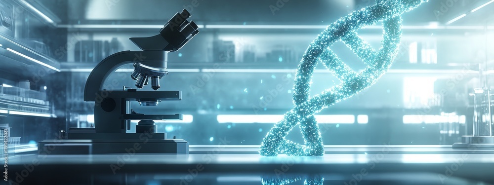 Poster DNA helix and microscope in a modern lab.