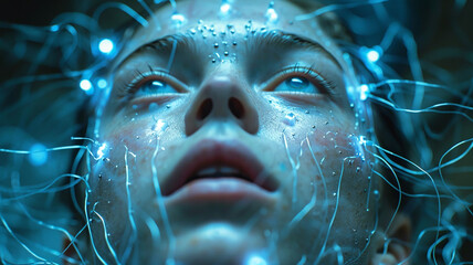 "High-Frequency Ultrasound Diagnostics through Blue Light Signal Cables: Close-up Photography Showcasing Modern Medical Innovation in Digital Health Examination Technology"