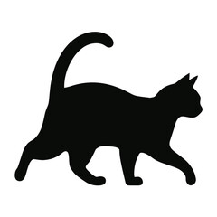 Silhouette of a Black Cat Walking with Tail Curved Upward, Minimalist Vector Illustration  
