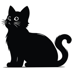 Silhouette of a Sitting Black Cat with Curved Tail and Bright Eyes, Adorable Vector Illustration  
