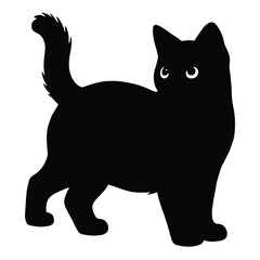 Silhouette of a Standing Black Cat with Fluffy Tail and Curious Expression, Vector Illustration  
