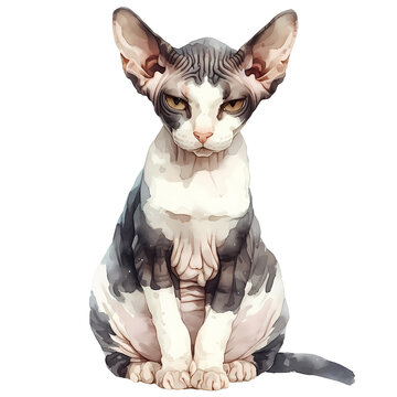 A serious-looking Sphynx cat sits against a black background. The cat's furless body is a mix of grey and white.