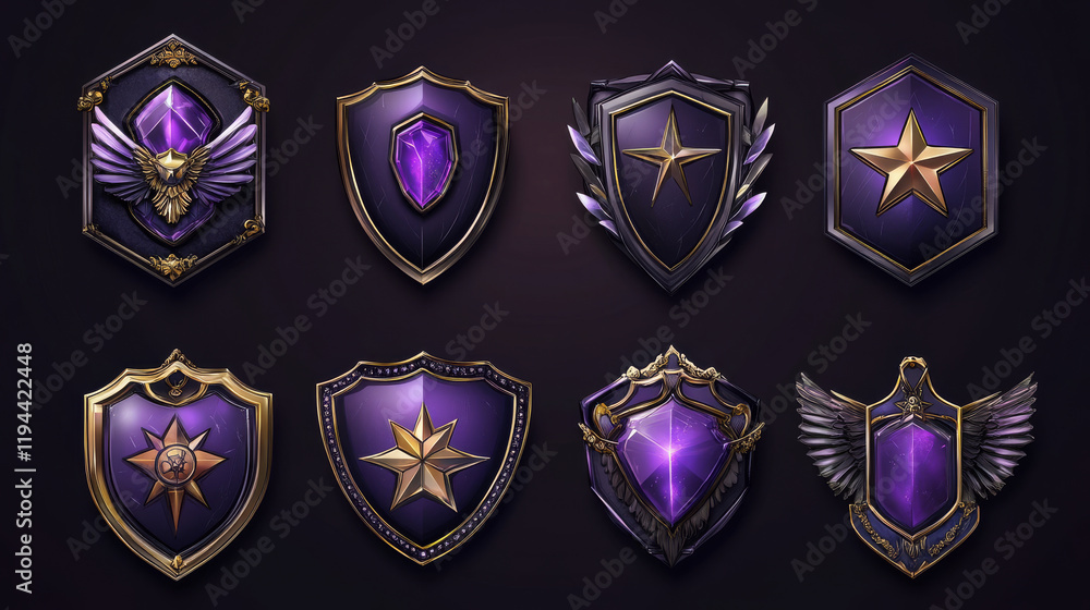 Poster military game rank buttons set isolated on background. vector realistic illustration of hexagonal pu