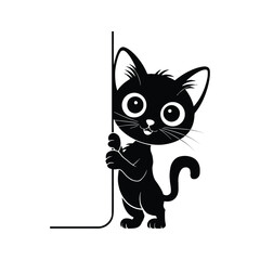 The cat is standing on its hind legs and is peeking out from behind a white panel