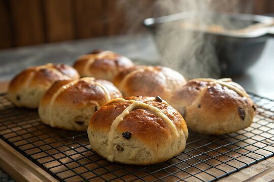 Fresh hot cross buns on cooling rack. Traditional Easter bread - Powered by Adobe