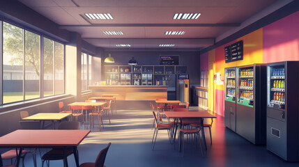 Canteen interior in school, college or office. Vector cartoon illustration of cafeteria, dining room in university, cafe with tables and chairs, counter bar and vending machines with food and drink