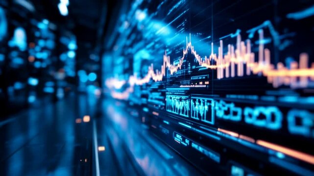 Dynamic financial market data visualizations with neon blue analytics in motion