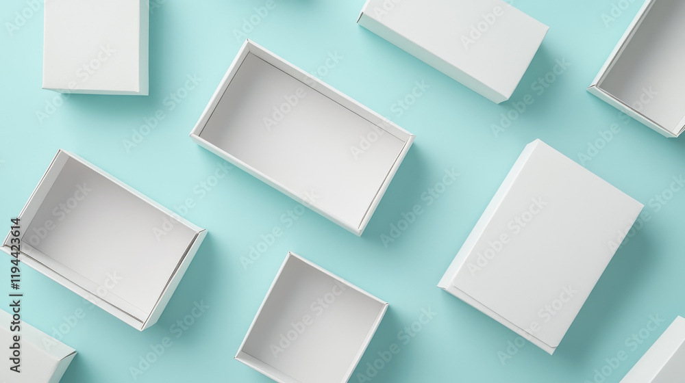 Poster white closed and open cardboard box mockup top angle view. realistic vector illustration set of blan