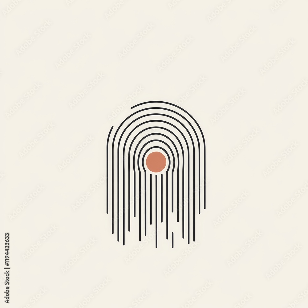 Poster abstract fingerprint design with concentric circles and vertical lines, minimalist style.