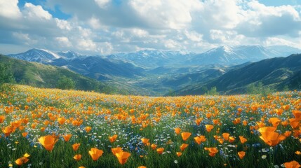 Fototapeta premium Vibrant spring wildflower meadow with majestic mountain view under a sunny sky