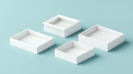 White closed and open cardboard box mockup top angle view. Realistic vector illustration set of blank carton package for delivery or gift concept. Rectangular low paper pack with cover mock up.