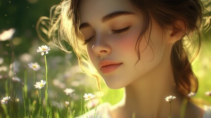 Naklejka premium Young woman enjoying peaceful moment in sunlit meadow with daisies