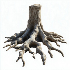 Fototapeta premium Detailed view of a tree stump with exposed roots showcasing intricate textures and unique shapes in a neutral background