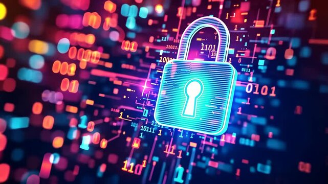 Glowing digital lock animation highlighting cybersecurity and data protection