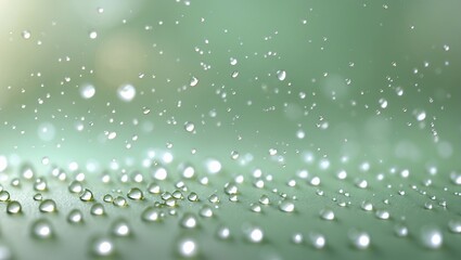 Fototapeta premium Water droplets scatter across a smooth surface, capturing soft light and creating a serene atmosphere in a tranquil setting
