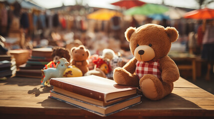 Photos of vintage goods, books and toy in flea market.