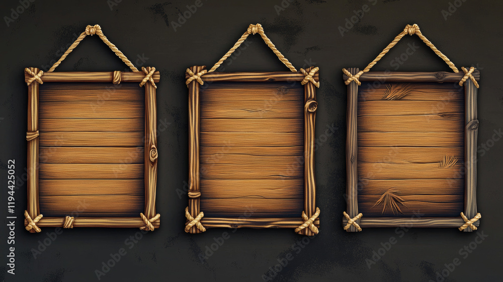 Poster Wooden bamboo sign board frame game ui vector set. Wooden signboard with rope on stick and border isolated tropical illustration. Hawaiian empty menu panel layout for message or notification