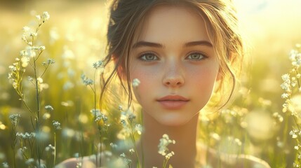 Fototapeta premium Young female in sunlit meadow with soft gaze amidst wildflowers