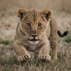 Obraz premium A lion cub playing, white background.