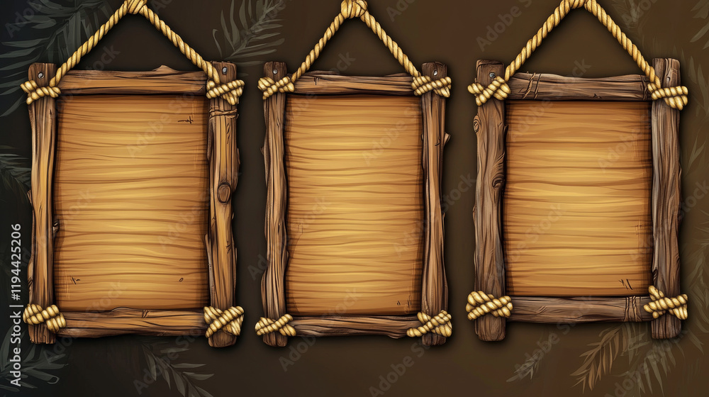 Poster Wooden bamboo sign board frame game ui vector set. Wooden signboard with rope on stick and border isolated tropical illustration. Hawaiian empty menu panel layout for message or notification