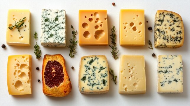 Assorted gourmet cheeses displayed on a white background, showcasing textures and colors for culinary inspiration