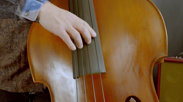 A man holding a double bass, playing it and putting it down [A series of performance movements]
コントラバスを構え演奏してなた置く男性[演奏一連の動作]