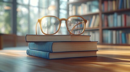 Glasses resting on a stack of books in a sunlit library