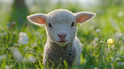 Obraz premium Cute lamb resting on green grass in a sunlit meadow