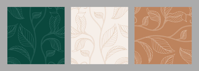 Leaves pattern seamless outline clipart set. Spring leaf continuous drawing sketch clip art collection for wallpaper and greetings card background set. Vector illustration endless poster set.   © AmazeinDesign