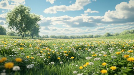Obraz premium Lush meadow with blooming wildflowers under a sunny sky
