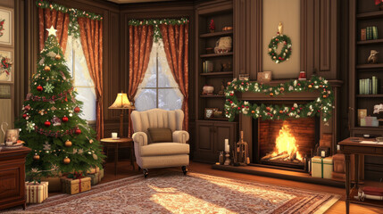 Cozy living room interior with Christmas tree, holy on fireplace with flame and garland decoration. Xmas home with armchair and lamp, carpet on floor and window with curtain, tea table and bookcase.
