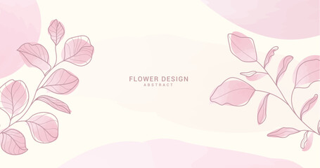 Fototapeta premium Spring flower abstract clipart background. Flowers and leaves in pink watercolor drawing for greetings, wishes, invitation and wallpaper design. Vector illustration spring abstract card design. 