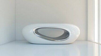 A futuristic reception desk design with a smooth, rounded structure and glossy white finish, set on a white background for a modern product catalog