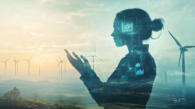 Woman Silhouette With Wind Turbines And Digital Overlay
