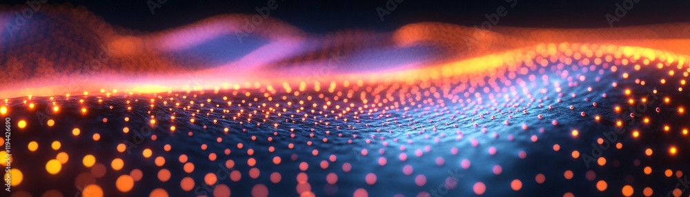 Poster a vibrant, abstract landscape featuring glowing dots and waves of color, creating a mesmerizing visu